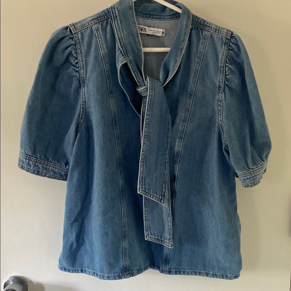 Zara Blue Puff Sleeve Tie Front Blouse